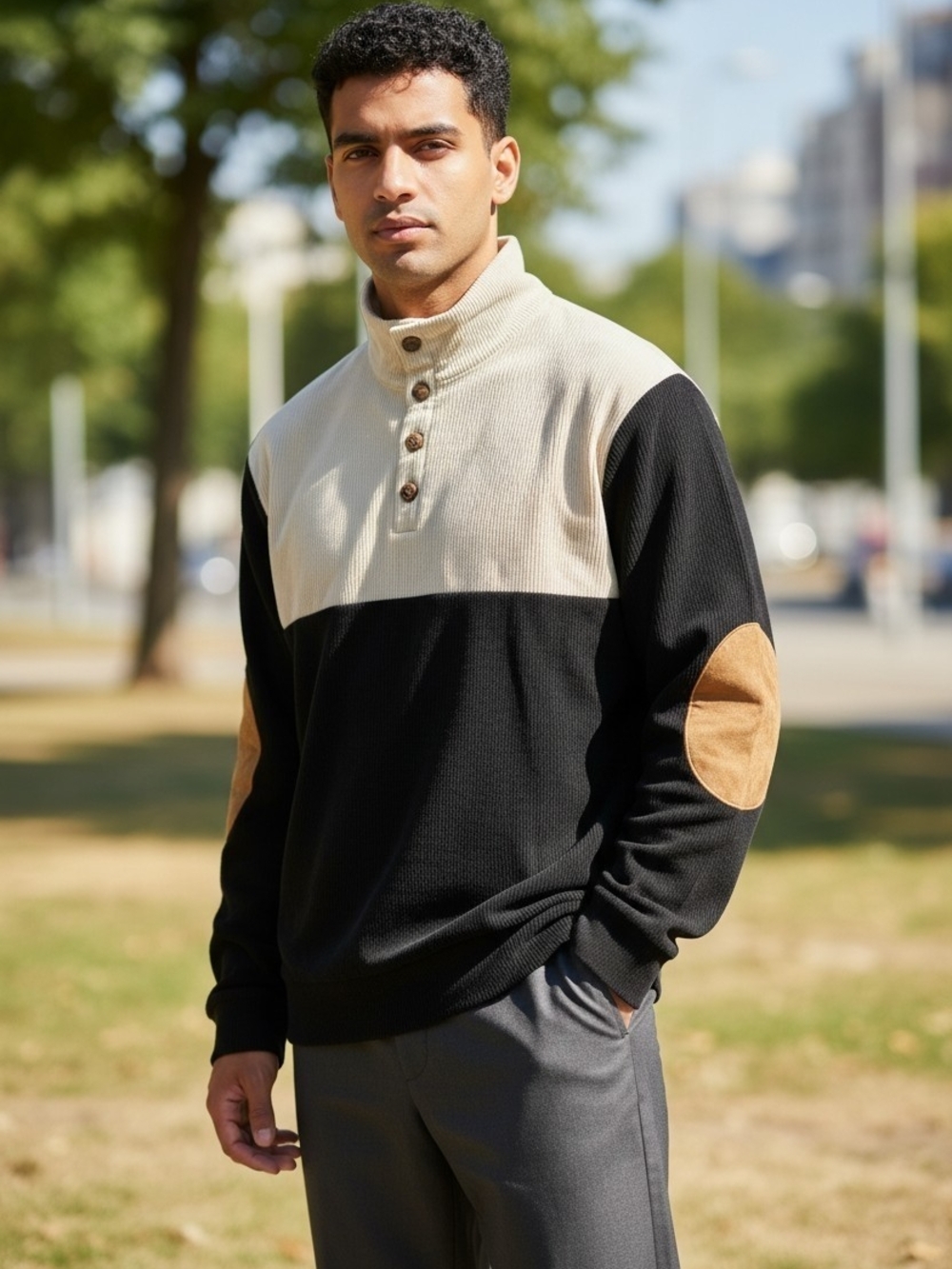 Men's Two-Tone Turtleneck Pullover - Black, Cream & Tan Elbow Patches